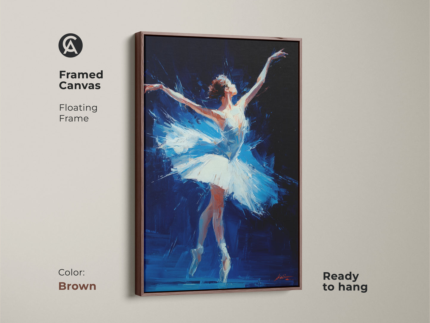 Framed canvas ballerina art in a brown floating frame. The painting showcases a dancer in motion. This ready-to-hang artwork adds warmth. The ballerina artwork is classic. Own art that inspires