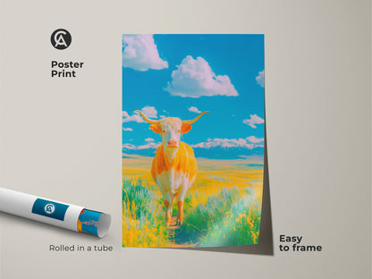 Poster print of a Longhorn cow in a sunny field. The artwork showcases a bright blue sky with puffy clouds. This museum-quality paper print is easy to frame. It arrives rolled in a tube for protection.