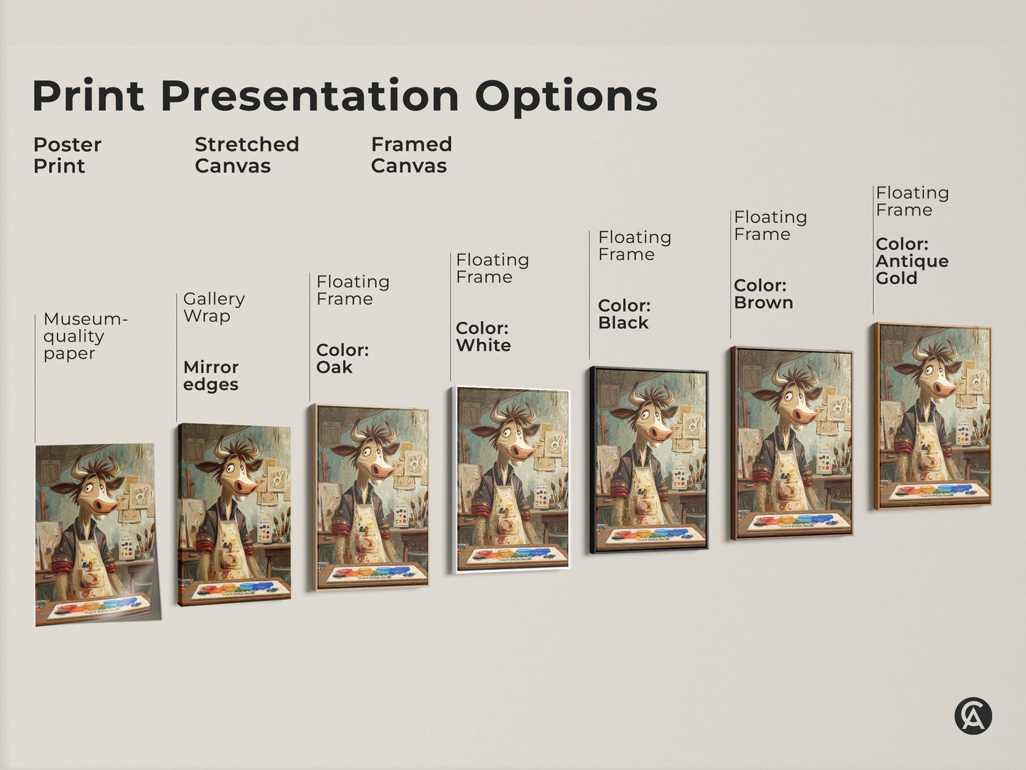 Print presentation options for the cartoon cow artist artwork. Choose from poster prints stretched canvas and framed canvas. Options include gallery wrap museum-quality paper and floating frames in oak black brown white and antique gold. Find the perfect style for your expressive animal art.