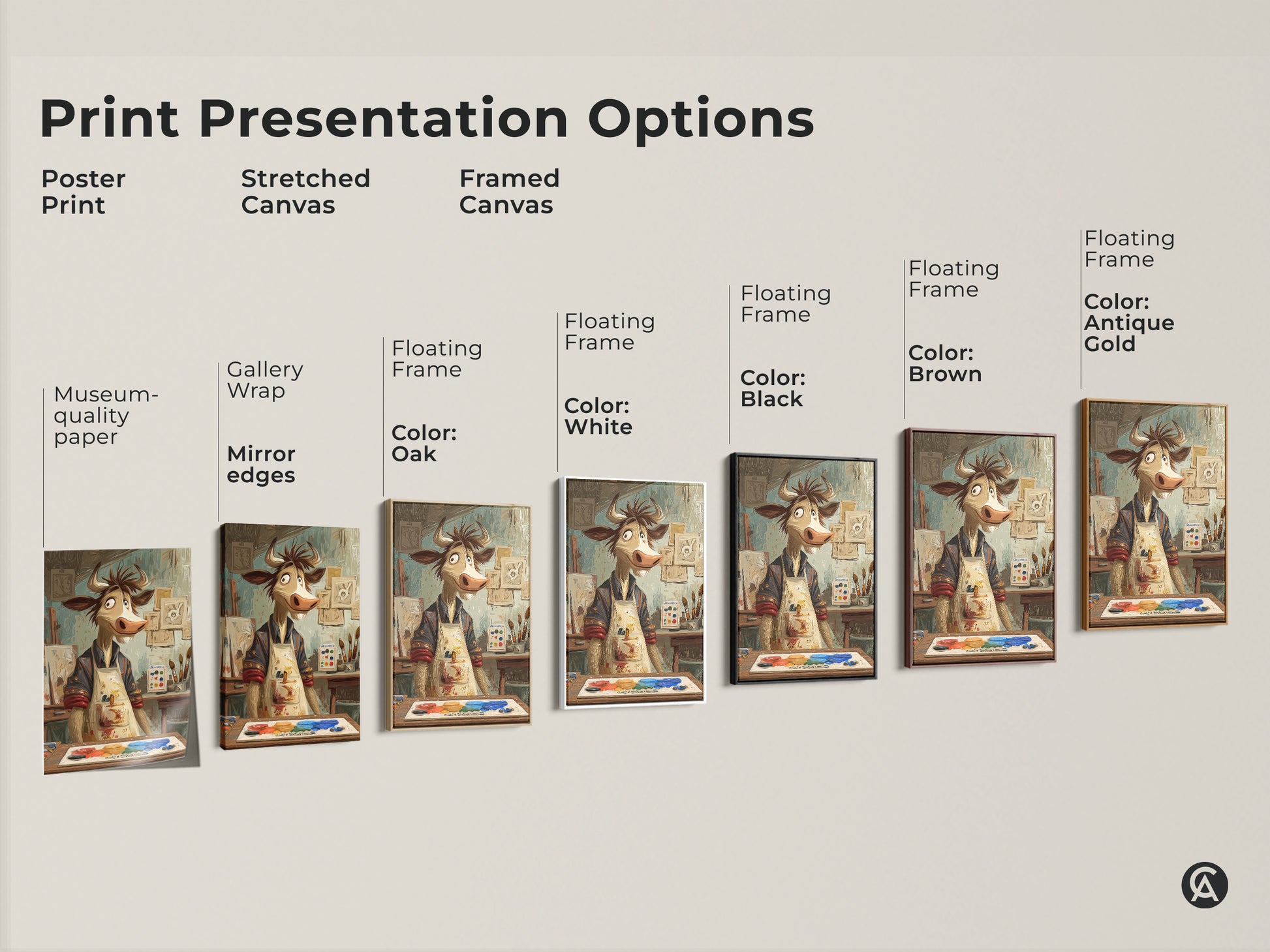 Print presentation options for the cartoon cow artist artwork. Choose from poster prints stretched canvas and framed canvas. Options include gallery wrap museum-quality paper and floating frames in oak black brown white and antique gold. Find the perfect style for your expressive animal art.