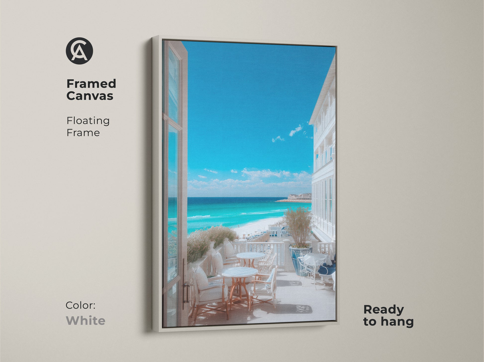 Framed canvas art with a white floating frame featuring a turquoise beach view. This ready-to-hang piece brings a fresh coastal vibe. The artwork would complement any interior style.