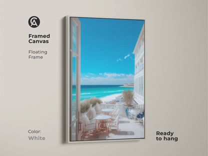 Framed canvas art with a white floating frame featuring a turquoise beach view. This ready-to-hang piece brings a fresh coastal vibe. The artwork would complement any interior style.
