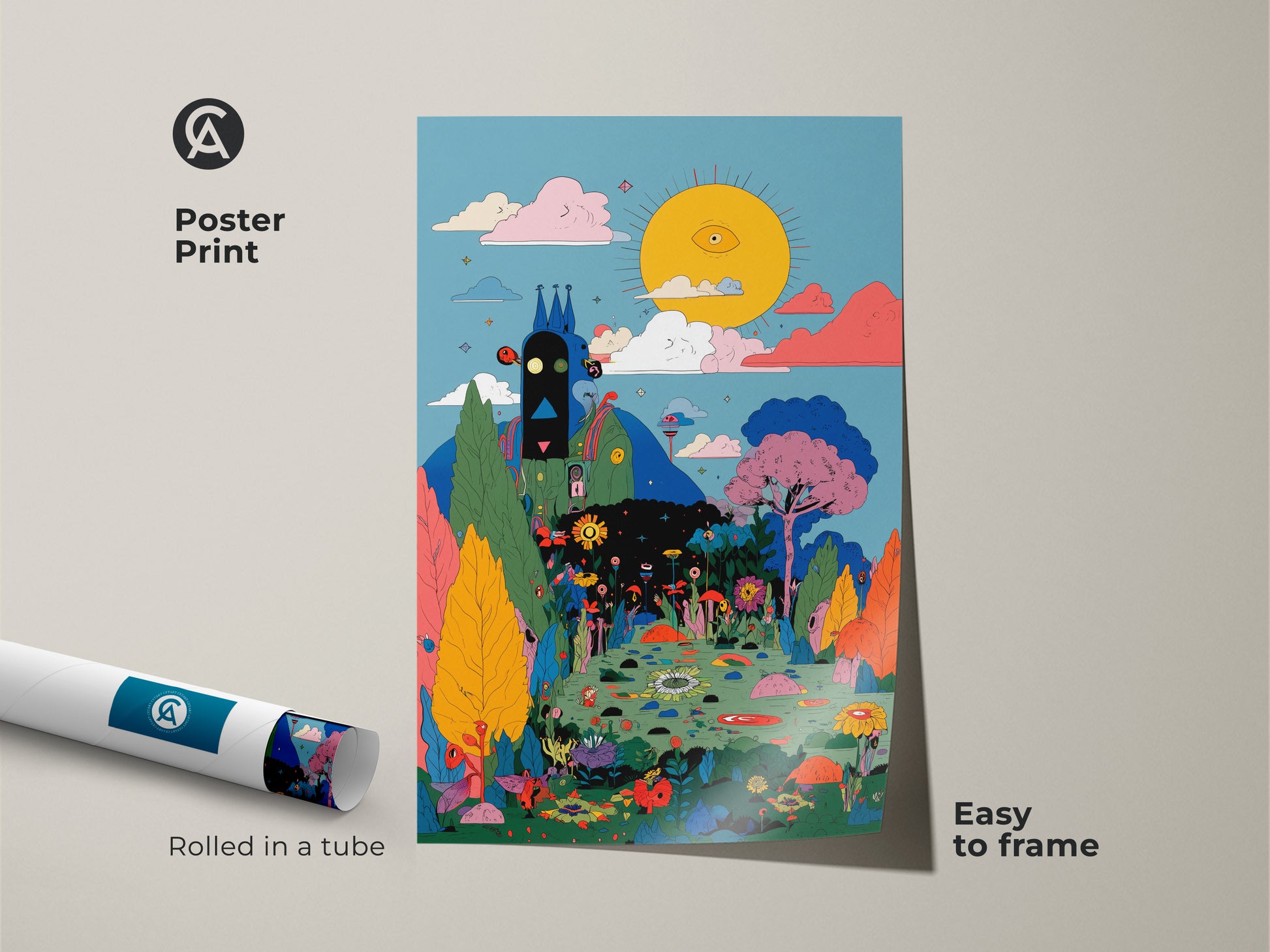 Poster Print of the Eye See You art. The illustration shows a sun with an eye watching over a colorful landscape. This poster print is easy to frame. Add a unique touch to your wall decor.