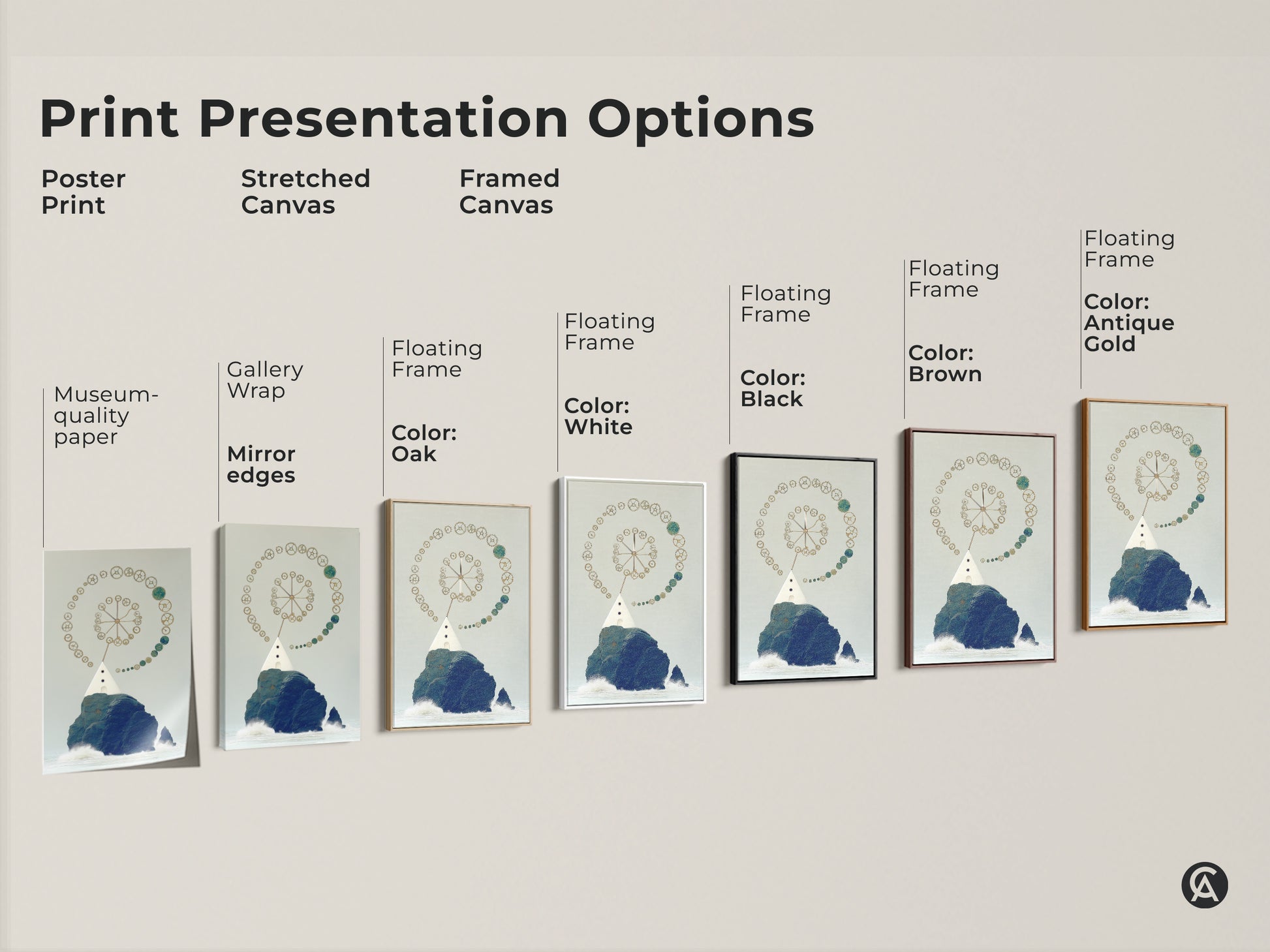 Print presentation options for steampunk lighthouse art. Choose between poster print stretched canvas or framed canvas. Available with gallery wrap mirror edges and floating frames in oak white black brown and antique gold.