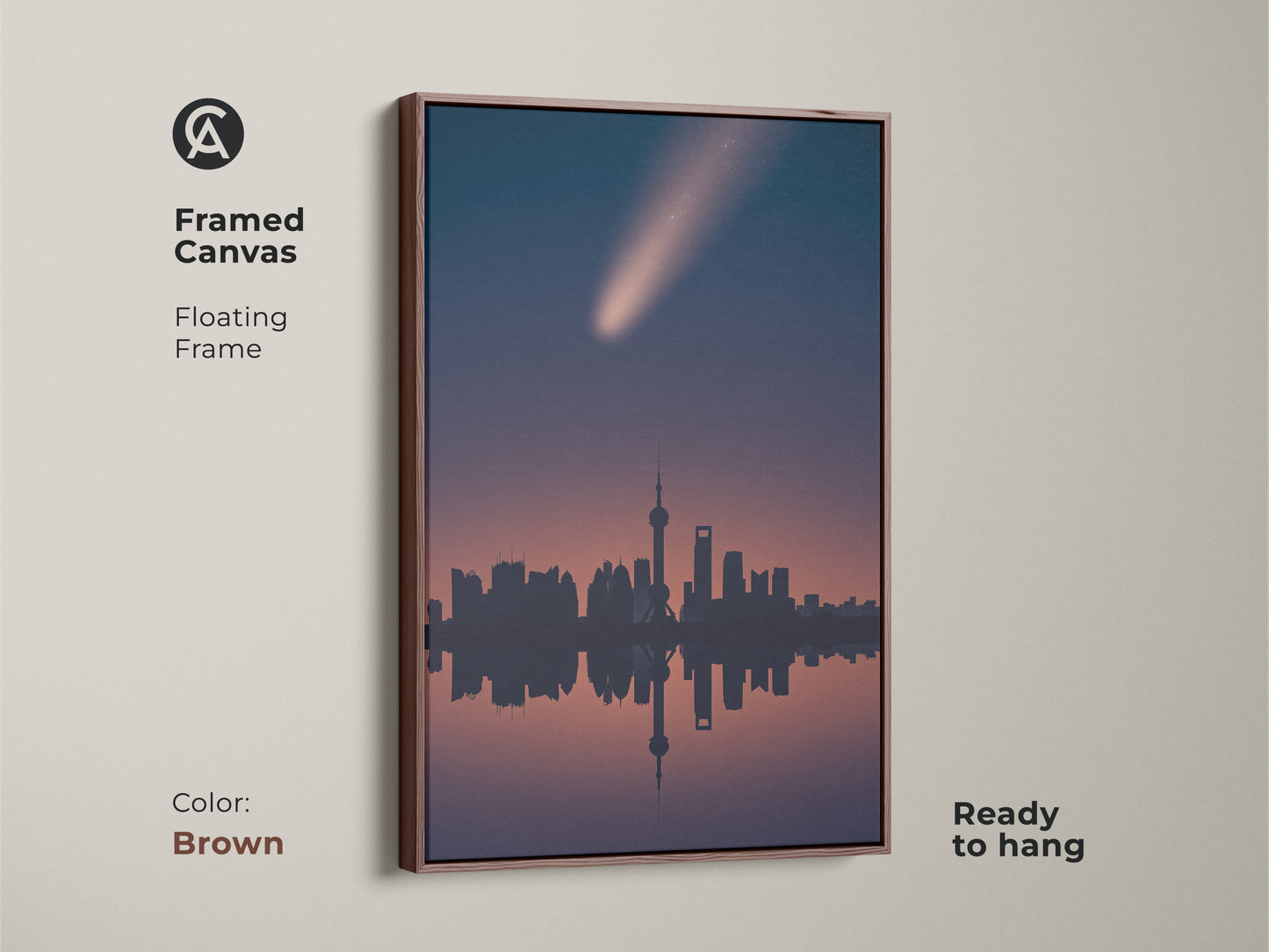 Brown framed canvas art featuring Shanghai's skyline and a comet. This minimalist space artwork is ready to hang. The navy pink teal cityscape print adds modern elegance to your home or office wall.