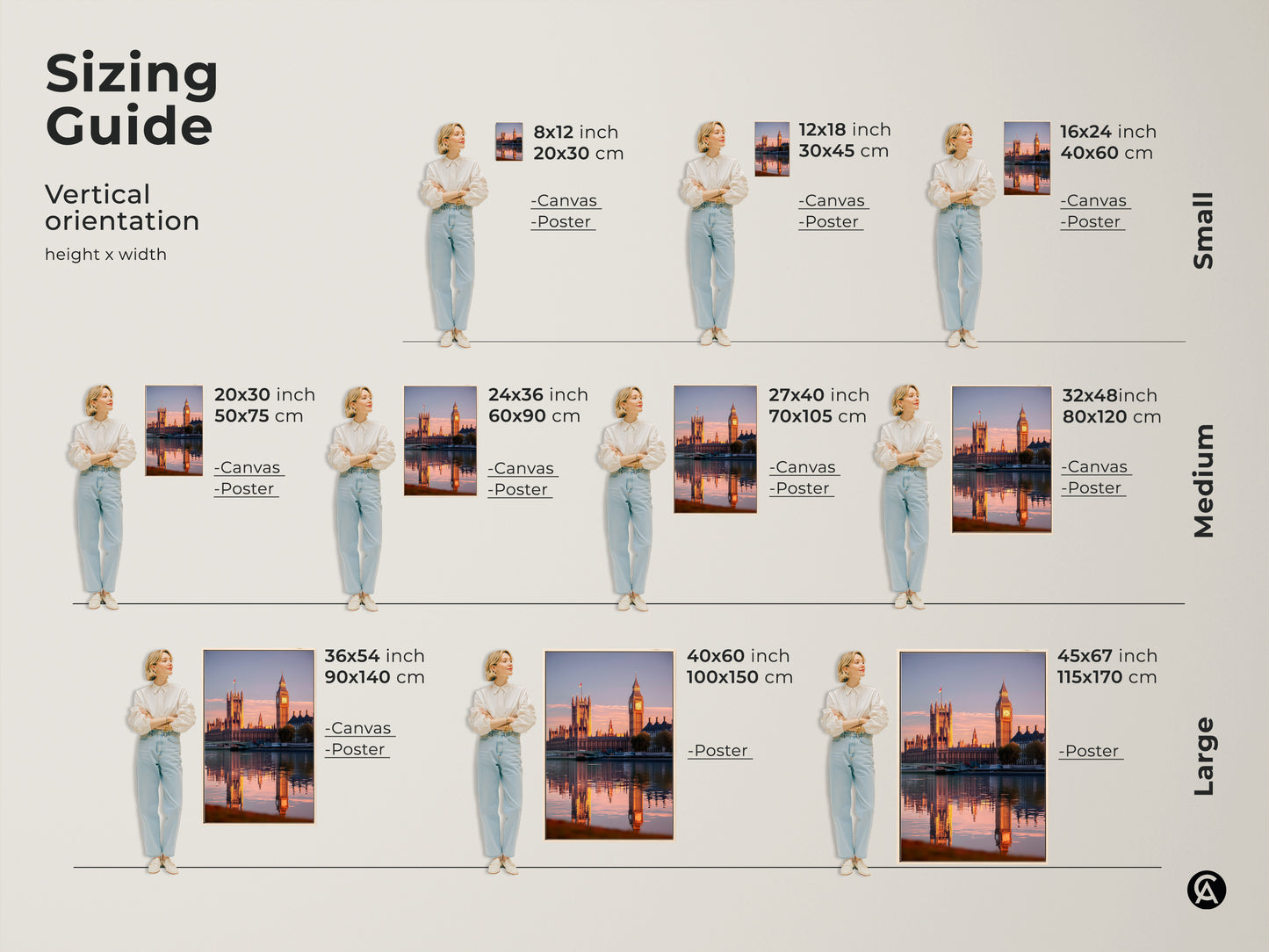 Sizing guide for Houses of Parliament and Big Ben canvas and poster art. Choose from small medium or large sizes to suit your space. Perfect golden hour London cityscape for any home.