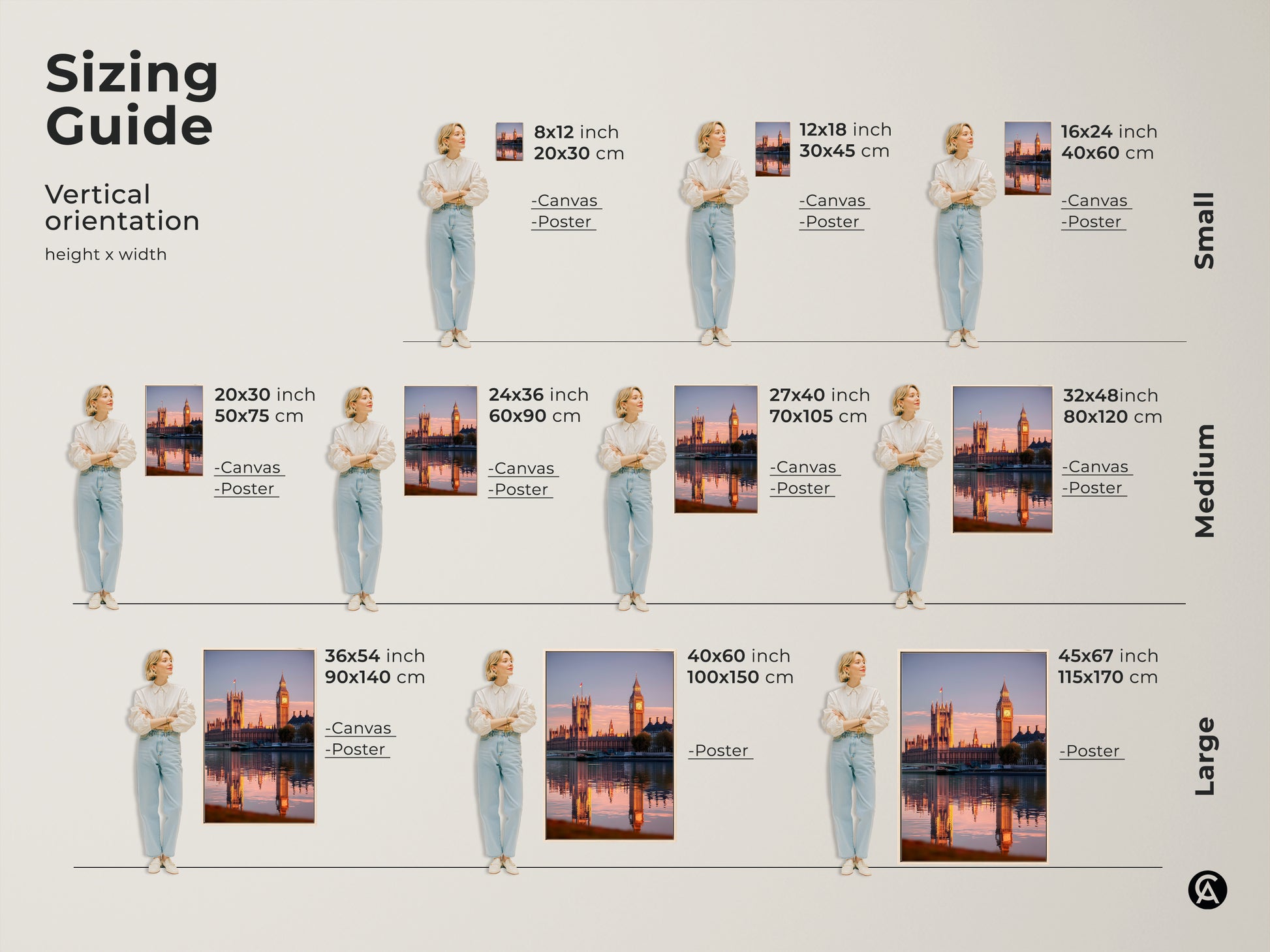 Sizing guide for Houses of Parliament and Big Ben canvas and poster art. Choose from small medium or large sizes to suit your space. Perfect golden hour London cityscape for any home.
