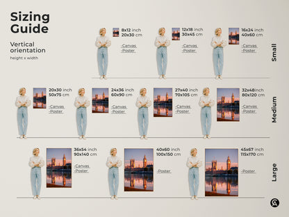 Sizing guide for Houses of Parliament and Big Ben canvas and poster art. Choose from small medium or large sizes to suit your space. Perfect golden hour London cityscape for any home.