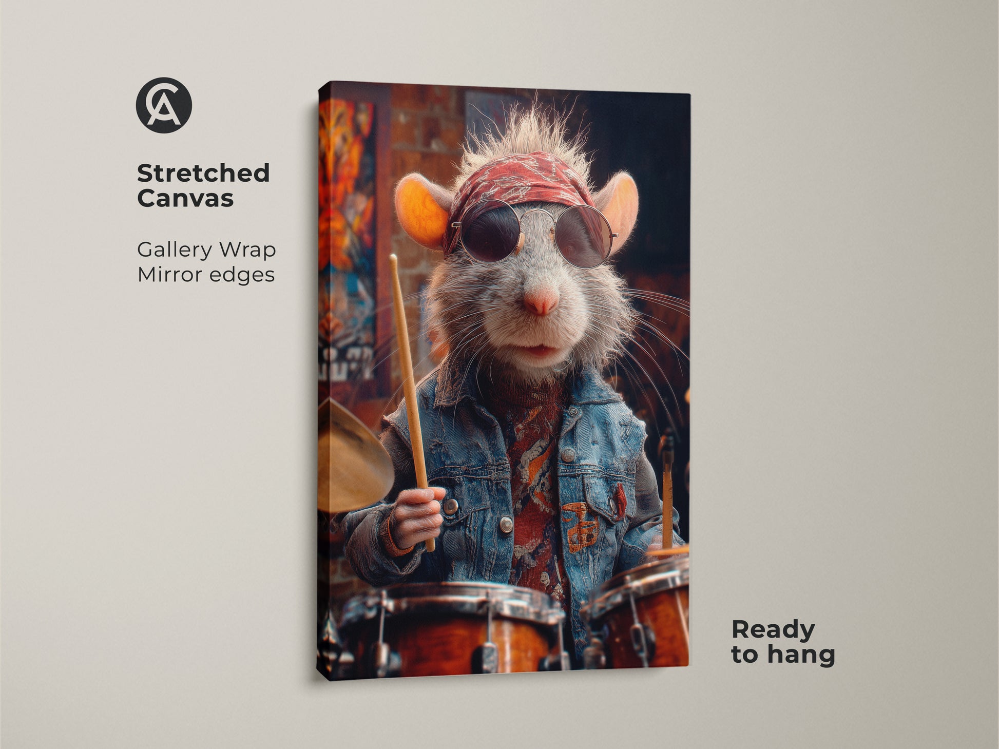 Stretched canvas of rat drummer artwork. Gallery wrapped with mirrored edges this punk rock poster is ready to hang. Ideal retro music wall art for a man cave. This animal art makes a great rock fan gift. Perfect for eclectic home office decor.