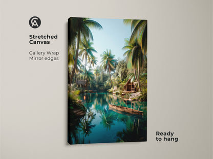 A stretched canvas gallery wrap displays tropical lake artwork. The art shows a tranquil lake with palm trees and a wooden boat. The mirror edges and ready-to-hang feature make it easy to display. This canvas art brings a calming tropical vibe to your home decor.