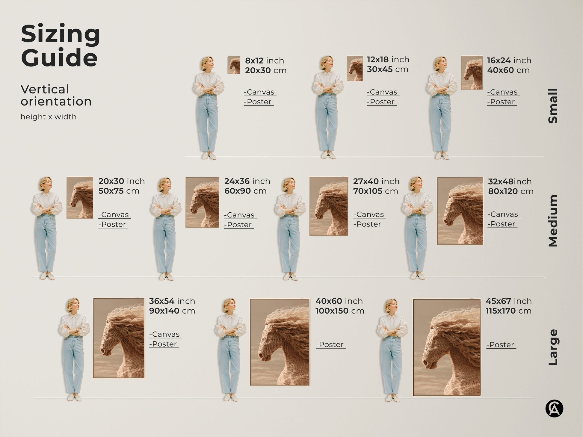 Sizing guide for vertical minimalist horse art prints. Available in small medium and large sizes. Options include canvas and poster prints. This cream tan beige artwork enhances any room. Perfect for horse lovers seeking the ideal fit.