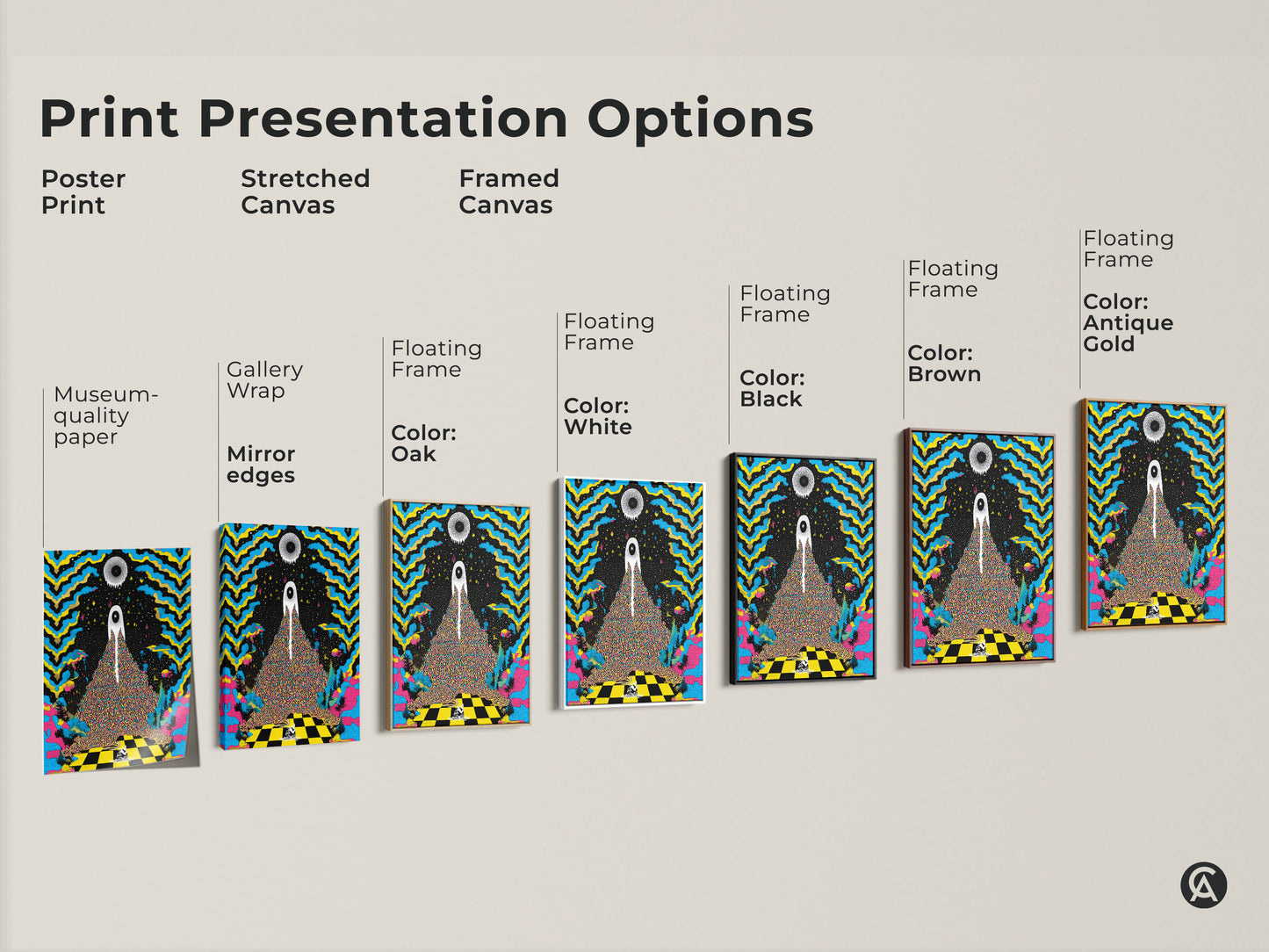 Print presentation options include poster print stretched canvas and framed canvas. The surreal eye canvas art print has a striking black blue and yellow palette. This psychedelic wall decor offers various gallery wraps and floating frame colors.