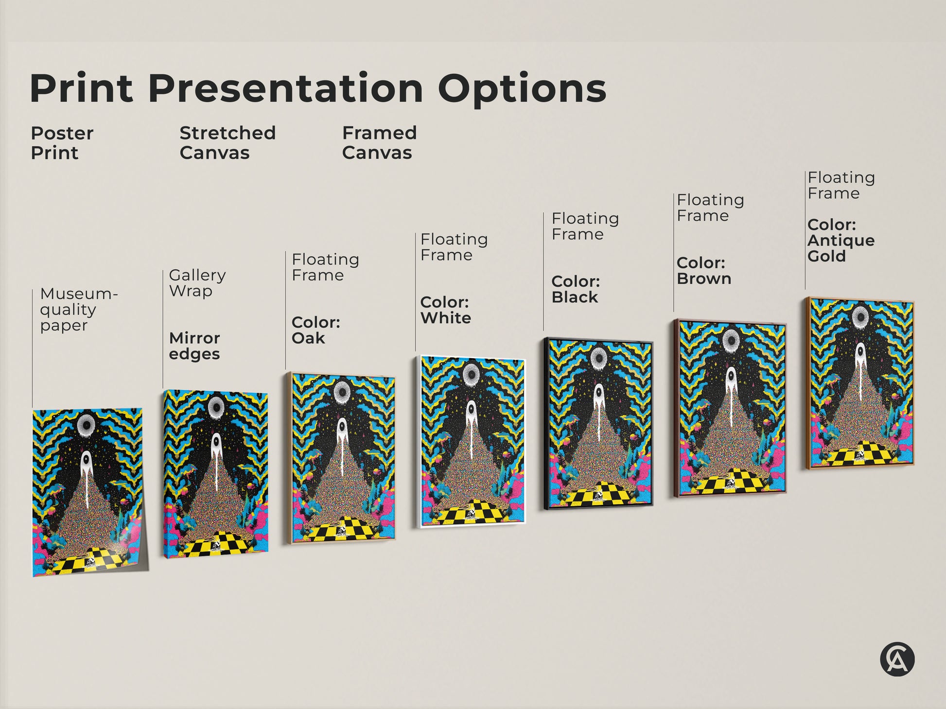 Print presentation options include poster print stretched canvas and framed canvas. The surreal eye canvas art print has a striking black blue and yellow palette. This psychedelic wall decor offers various gallery wraps and floating frame colors.