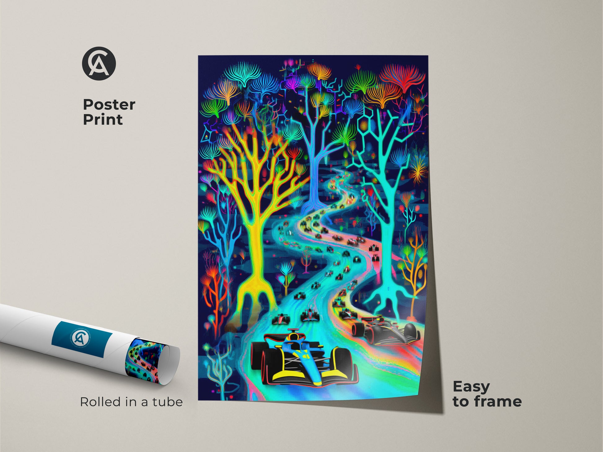 A vibrant abstract race car print is showcased as a poster. This neon vaporwave artwork features a psychedelic F1 art style. It is an easy-to-frame piece. Perfect for adding an eclectic touch to office decor or for F1 enthusiasts. Its abstract rainbow art will brighten any room.