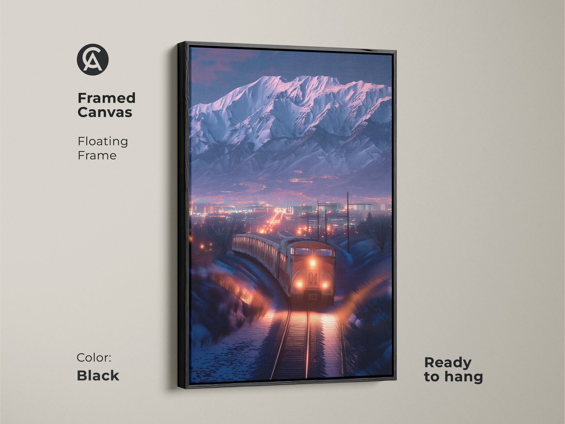 Framed canvas of a captivating winter train landscape. Black floating frame enhances the mountain cityscape artwork. Ready to hang cinematic art featuring dramatic lighting. Perfect wall decor for train enthusiasts in orange and blue. This snow train artwork adds elegance to any space. Travel-inspired home decor piece.