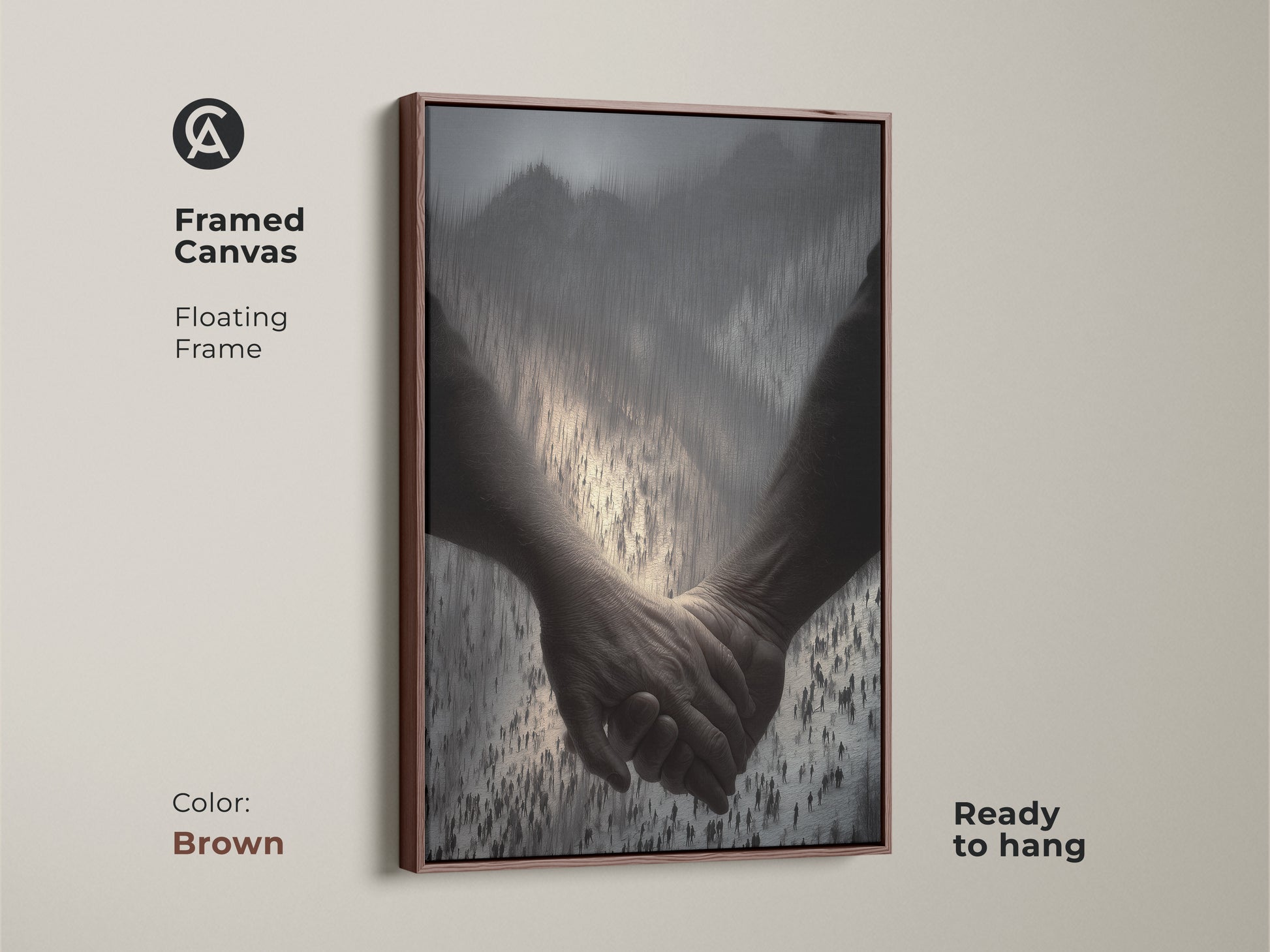 Framed canvas in brown presenting a couple holding hands in monochrome tones. This figurative abstract print symbolizes love. The artwork is ideal for contemporary bedroom decor or a unique anniversary gift. The floating frame is ready to hang. Perfect for a modern home.