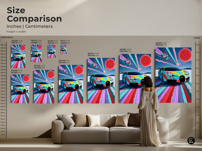 Size comparison showcasing abstract Bugatti Vision canvas art prints in inches and centimeters. The modern colorful automotive art ranges from small to large sizes. This print is ideal for adding a high octane style to a modern living room. It is a unique gift for car lovers.