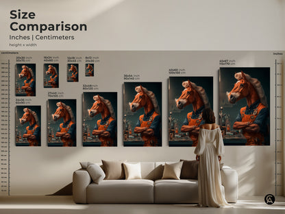 Size comparison of surreal horseman artwork in inches and centimeters. This unique animal art print is perfect for an office space. Various sizes are displayed above a sofa to help visualize scale.