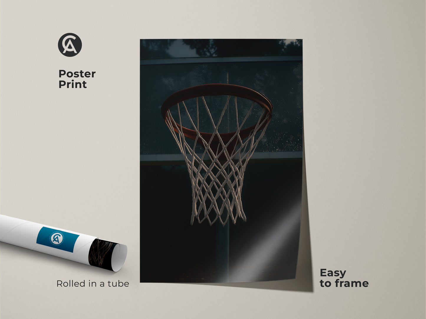 Poster print featuring a basketball hoop. This urban sports wall art is an industrial man cave decor piece. Easy to frame this basketball net poster is rolled in a tube. Perfect for a game room artwork.