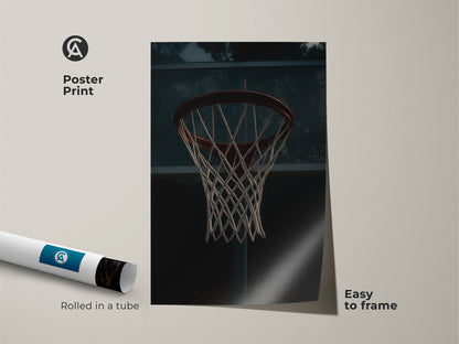 Poster print featuring a basketball hoop. This urban sports wall art is an industrial man cave decor piece. Easy to frame this basketball net poster is rolled in a tube. Perfect for a game room artwork.