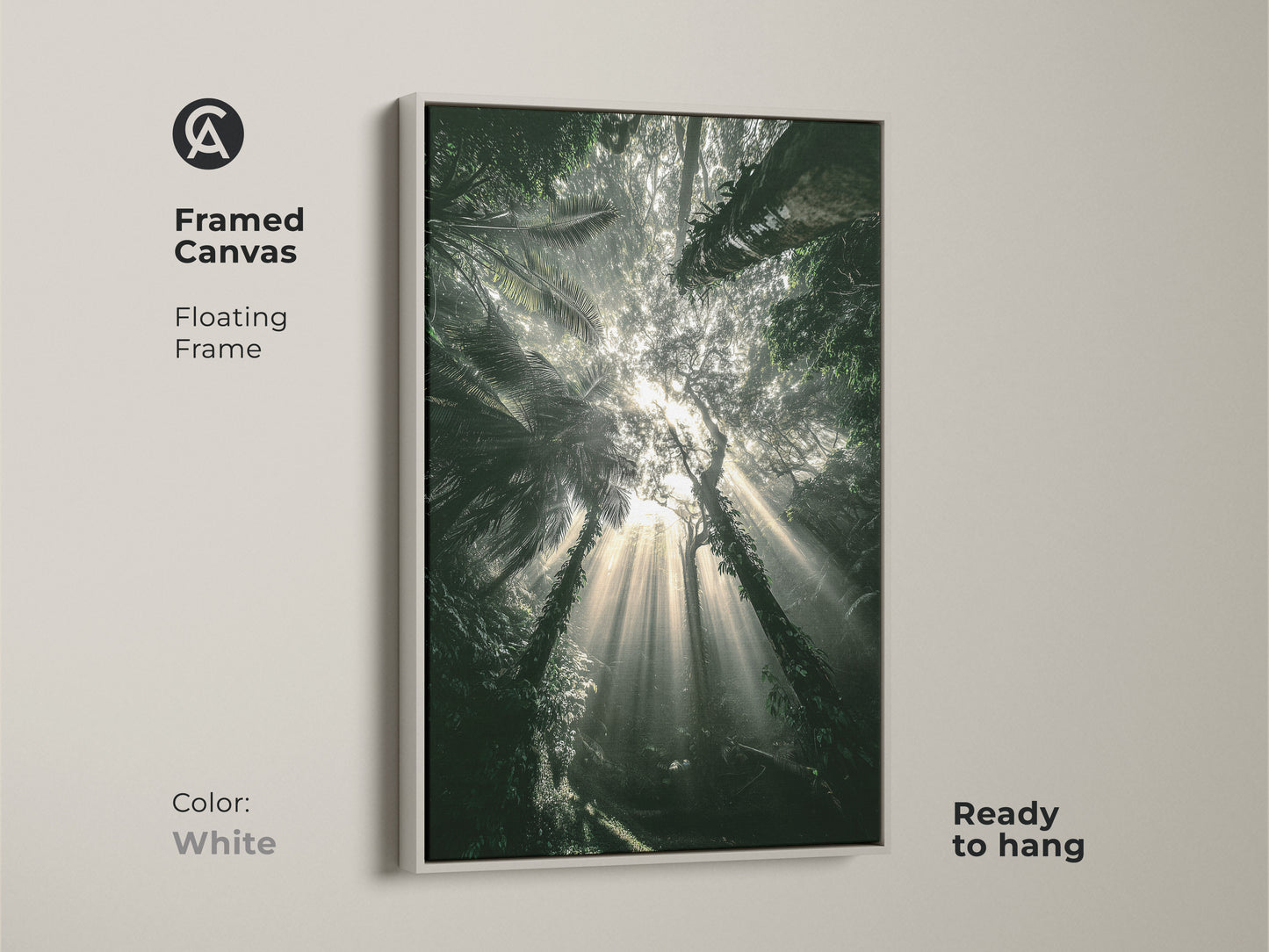 Framed canvas presenting deep green tropical foliage. White floating frame offers a clean modern look. Ready to hang. This emerald green bedroom artwork brings nature's beauty indoors. Perfect for boho decor.