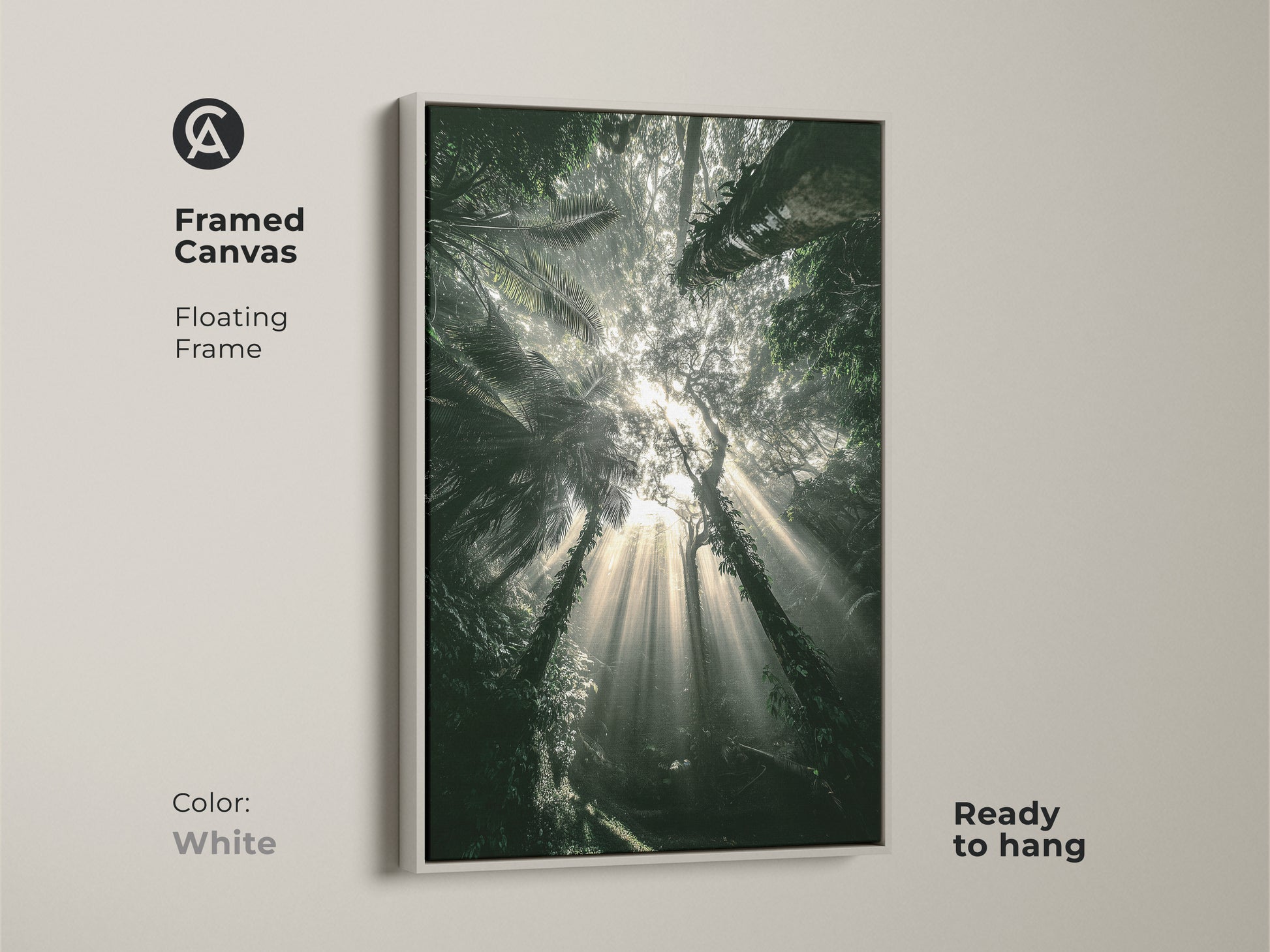 Framed canvas presenting deep green tropical foliage. White floating frame offers a clean modern look. Ready to hang. This emerald green bedroom artwork brings nature's beauty indoors. Perfect for boho decor.