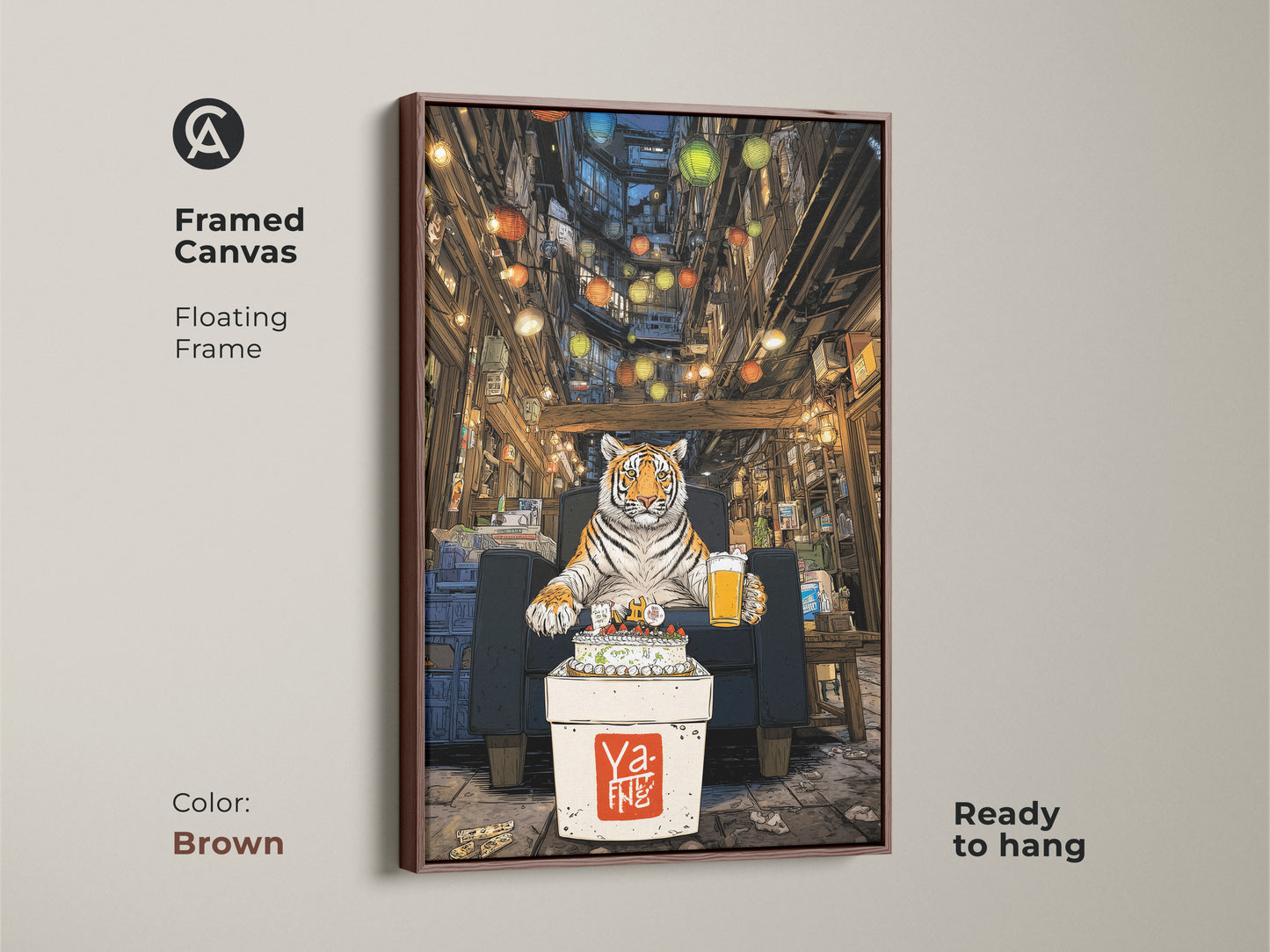 Framed canvas artwork shows a tiger celebrating a birthday in an urban alley. The floating frame is brown. This ready to hang piece is a unique tiger print. It is ideal for animal lovers. The eclectic home decor adds vibrancy. The artwork uses orange and brown tones.