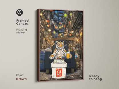 Framed canvas artwork shows a tiger celebrating a birthday in an urban alley. The floating frame is brown. This ready to hang piece is a unique tiger print. It is ideal for animal lovers. The eclectic home decor adds vibrancy. The artwork uses orange and brown tones.