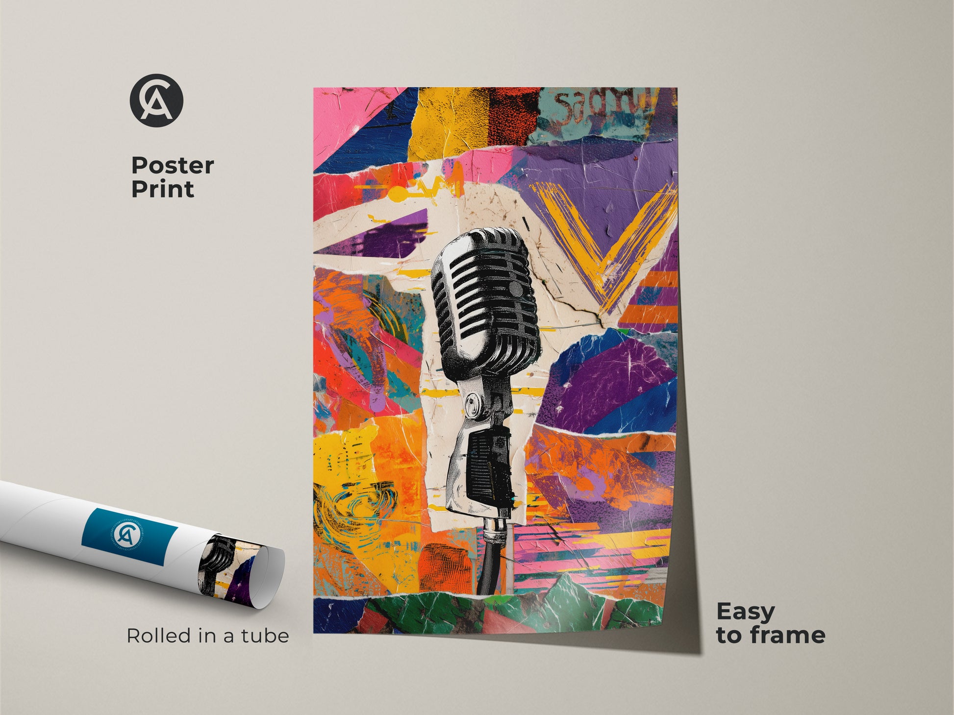 Poster Print of Retro Microphone Collage rolled in a tube. The colorful abstract canvas features an orange yellow purple palette. This musician birthday gift is easy to frame and display.