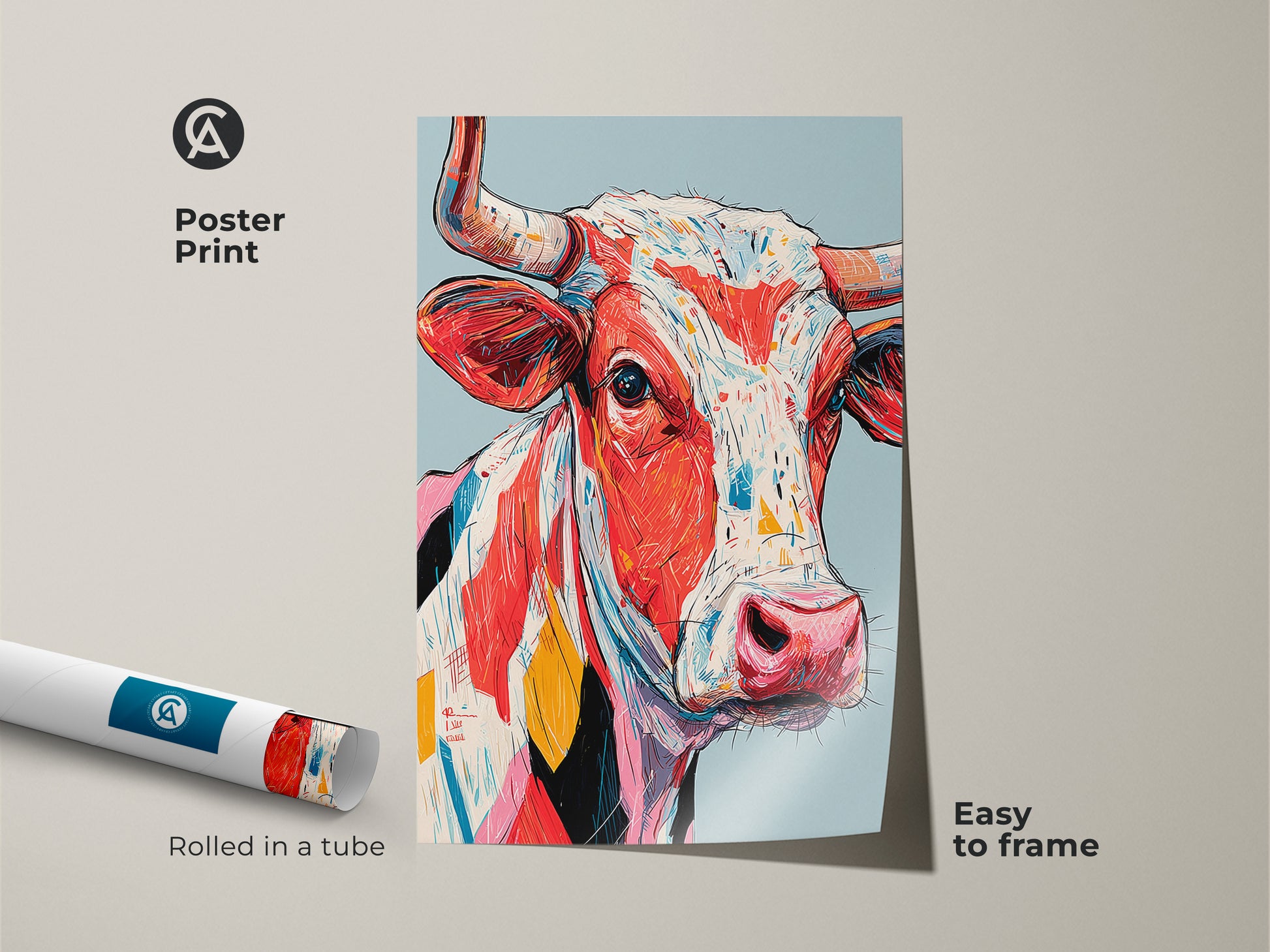 Poster print of a vibrant cow artwork rolled in a tube. This museum-quality paper print is easy to frame. Add a pop of color to your space with this unique animal art. Shop affordable art online.