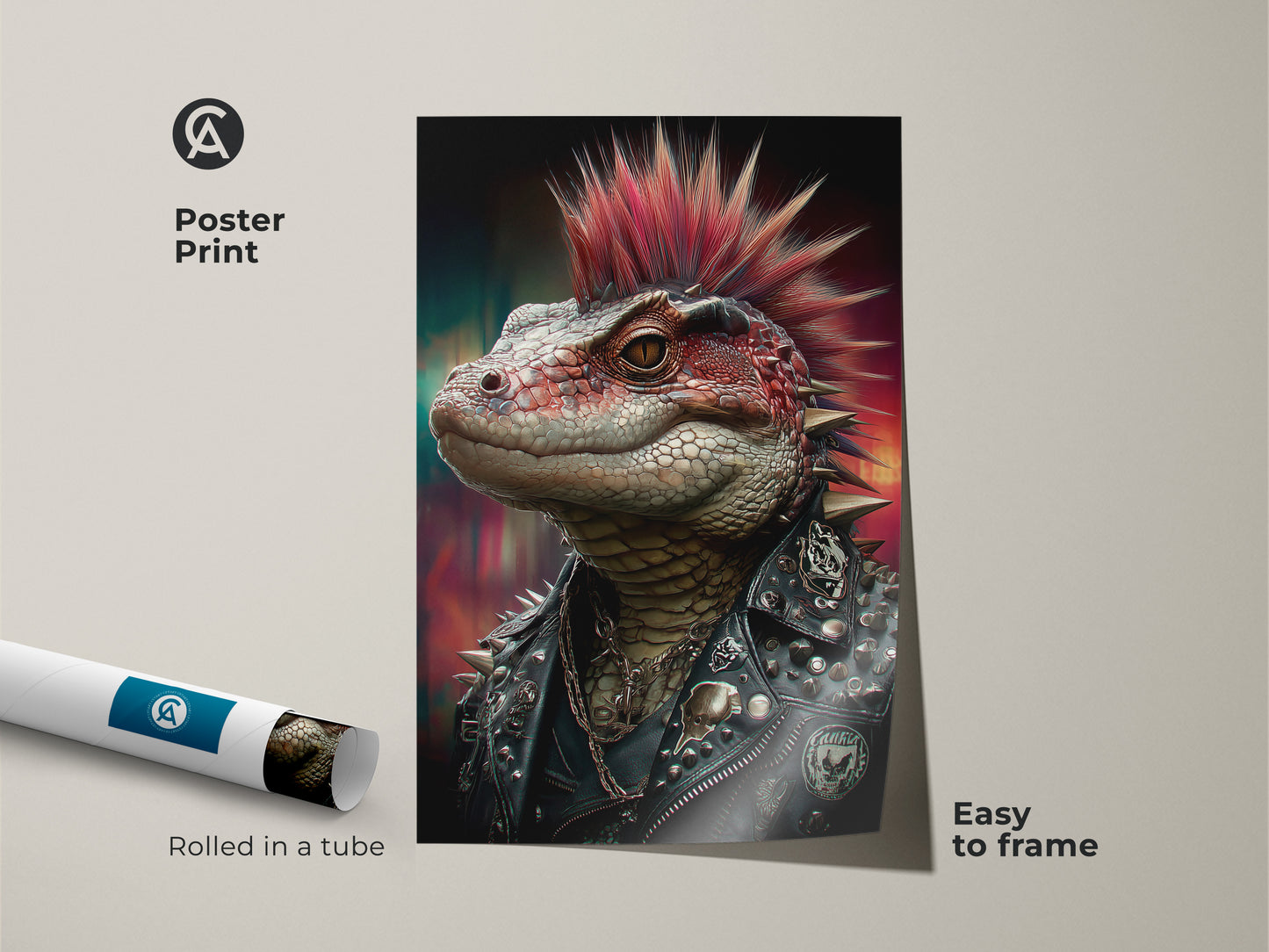 This poster print showcases a punk rock lizard. The gothic reptile art is rolled in a tube for easy framing. This spiked jacket wall decor is ideal for man cave art. The alternative punk art is printed on museum-quality paper. Get this red mohawk reptile decor for your home.