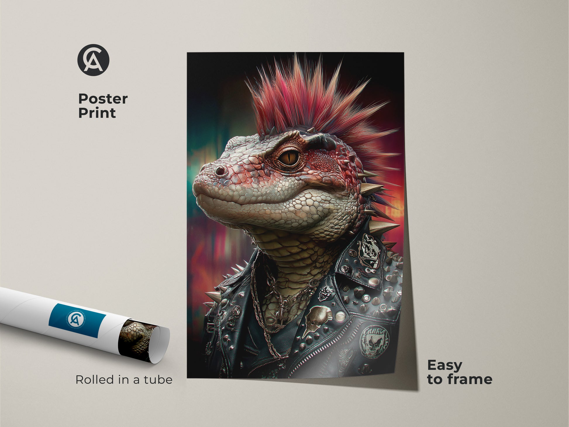 This poster print showcases a punk rock lizard. The gothic reptile art is rolled in a tube for easy framing. This spiked jacket wall decor is ideal for man cave art. The alternative punk art is printed on museum-quality paper. Get this red mohawk reptile decor for your home.