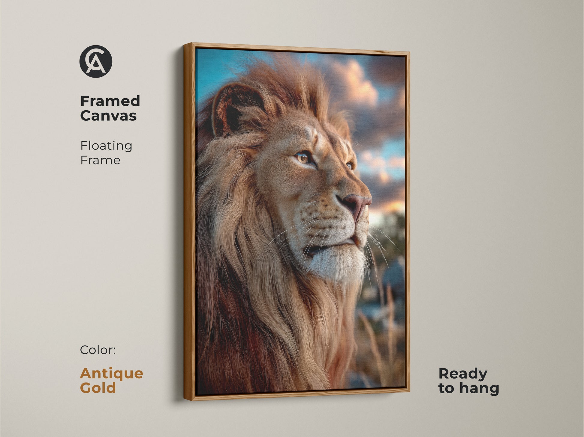 Framed photorealistic lion art on canvas with an antique gold floating frame. A golden brown wildlife print for eclectic decor. Bring nature indoors with this savanna animal artwork. This lion face wall hanging enhances your home's aesthetic. Ready to hang for easy display.