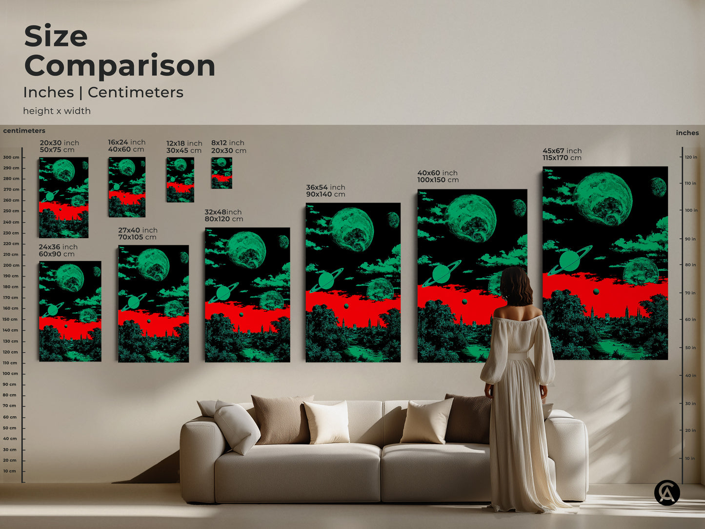 Size comparison of a retro futurism surreal space cityscape in inches and centimeters. Sizes range from small to large. The artwork features planets and Saturn above a cityscape and nature scene. This abstract cityscape print is perfect as stargazer present.