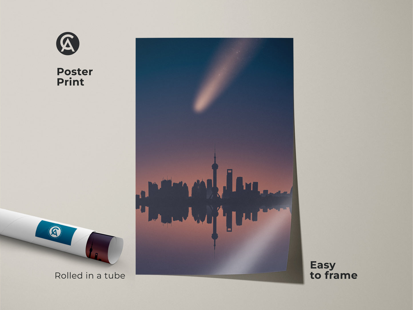 Poster print of the Shanghai skyline art. A comet is streaking across a navy and pink sky. This minimalist space artwork is easy to frame. It brings modern elegance and wanderlust to your apartment decor.