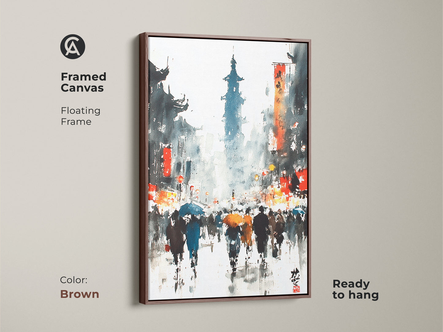 This framed canvas features a floating brown frame. The artwork is a watercolor painting of an Asian cityscape in the rain. Ready to hang this piece brings warmth to any wall.