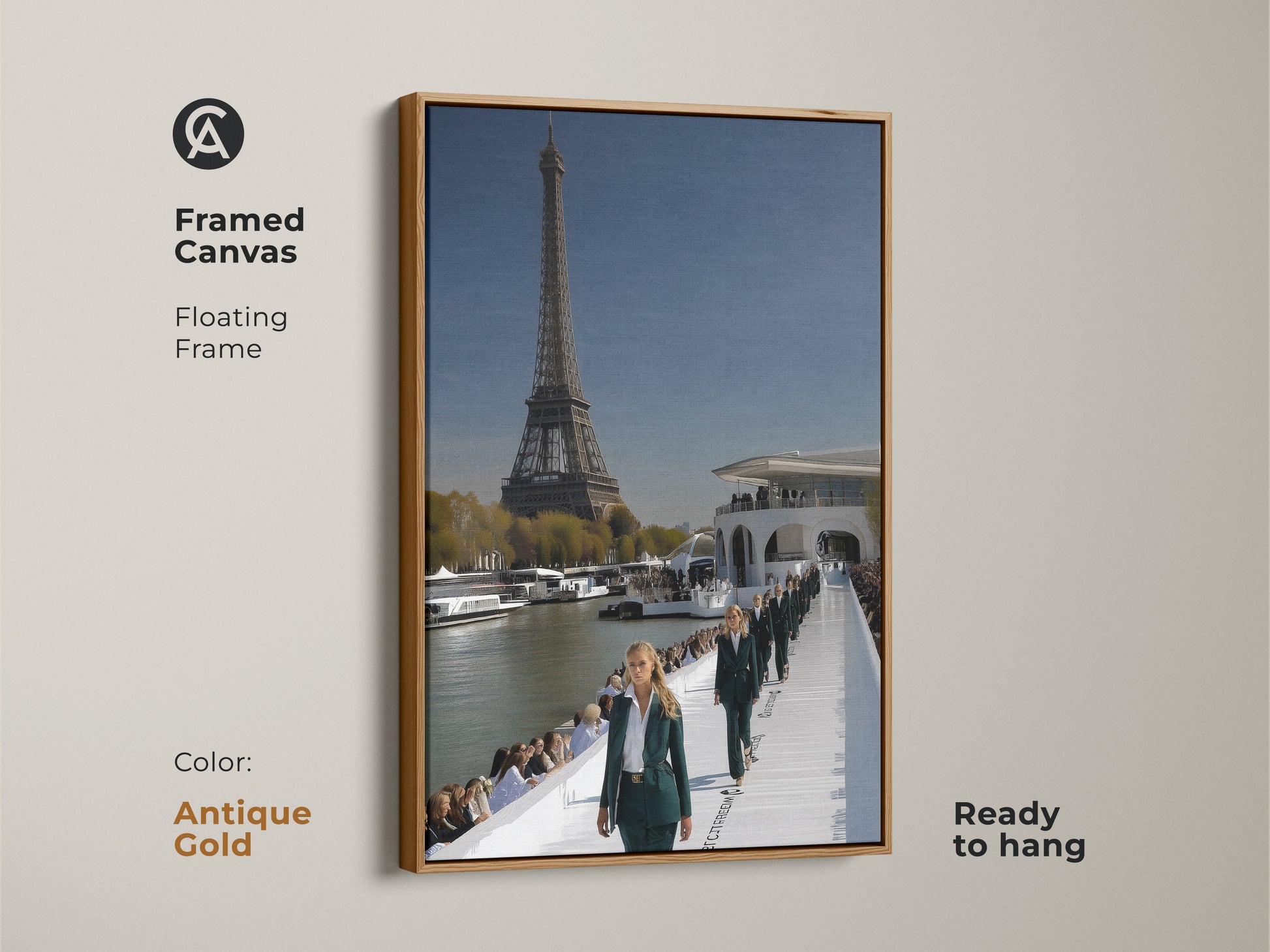 Eiffel Tower cityscape canvas artwork in a antique gold floating frame. It shows a Parisian fashion runway and show. This contemporary piece features sky blue and deep green tones. It offers haute couture and Parisian elegance to your home or workspace. Perfect for chic entryway decor or modern office wall art.