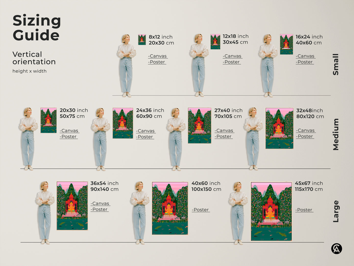 Sizing guide for Ganesha art prints in vertical orientation. See canvas and poster options in small medium and large sizes. The spiritual folk artwork features a vibrant jungle scene. Find the perfect size for your space. Decorate with this eclectic tropical wall hanging.