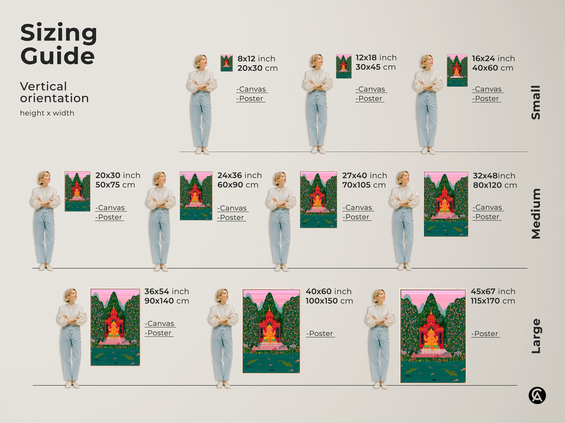 Sizing guide for Ganesha art prints in vertical orientation. See canvas and poster options in small medium and large sizes. The spiritual folk artwork features a vibrant jungle scene. Find the perfect size for your space. Decorate with this eclectic tropical wall hanging.