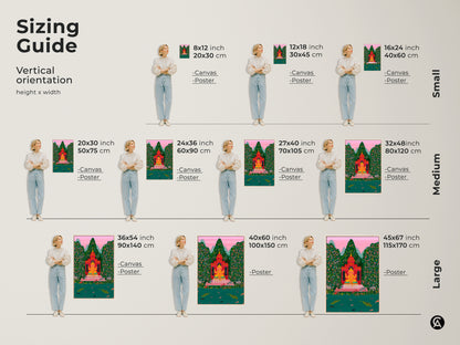 Sizing guide for Ganesha art prints in vertical orientation. See canvas and poster options in small medium and large sizes. The spiritual folk artwork features a vibrant jungle scene. Find the perfect size for your space. Decorate with this eclectic tropical wall hanging.