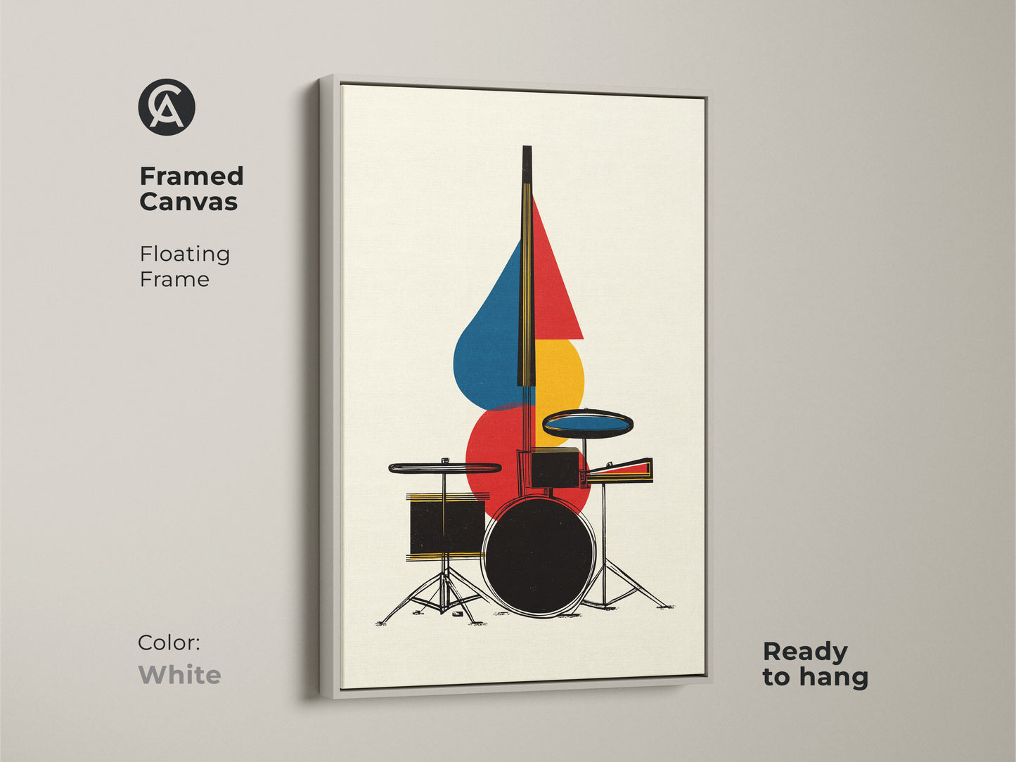 Framed canvas artwork presents an abstract drum set with a white floating frame. The geometric mid century modern artwork complements any space. This music-themed piece is ready to hang. The red blue and yellow hues create a lively and artistic ambiance.