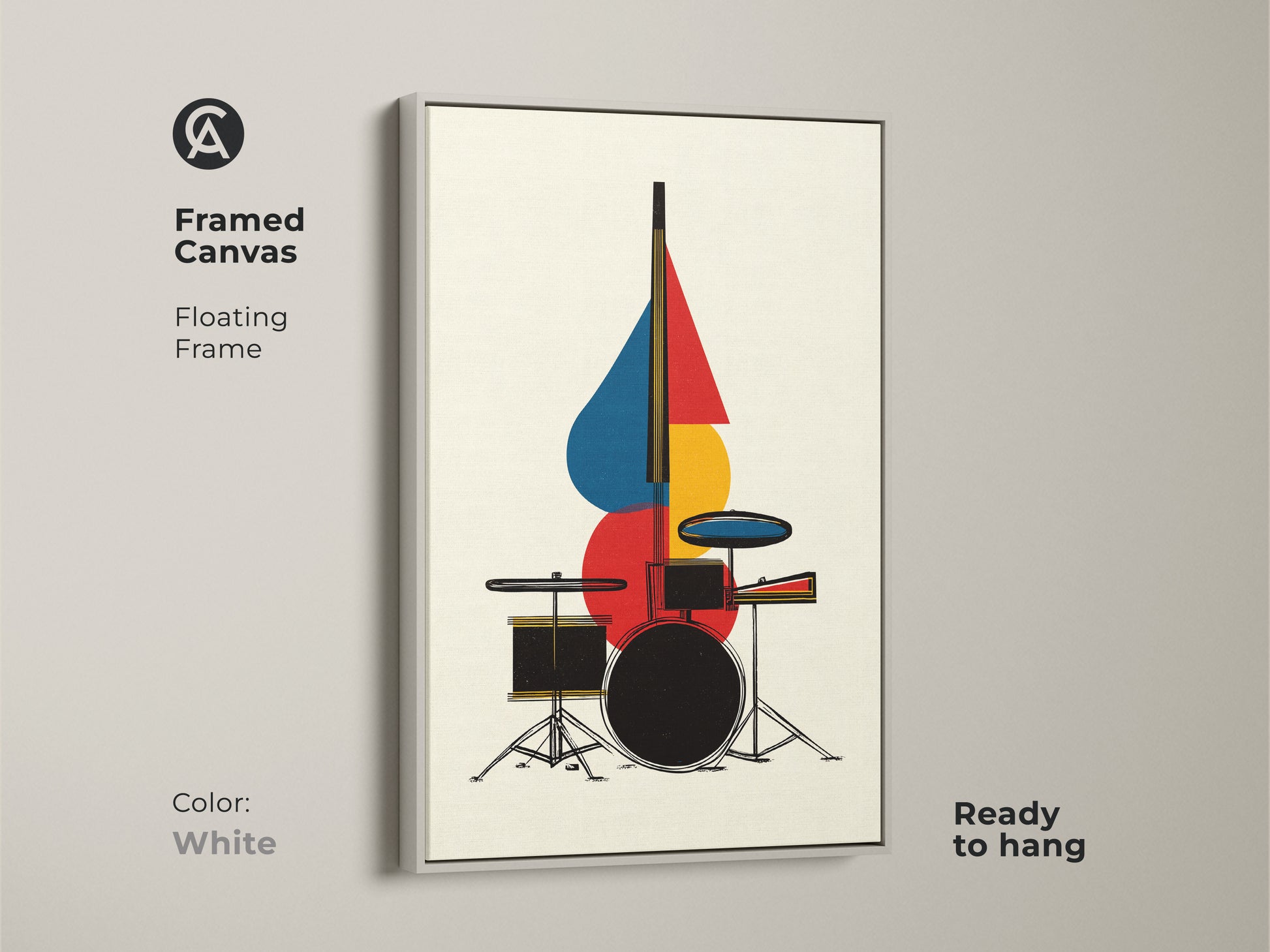 Framed canvas artwork presents an abstract drum set with a white floating frame. The geometric mid century modern artwork complements any space. This music-themed piece is ready to hang. The red blue and yellow hues create a lively and artistic ambiance.