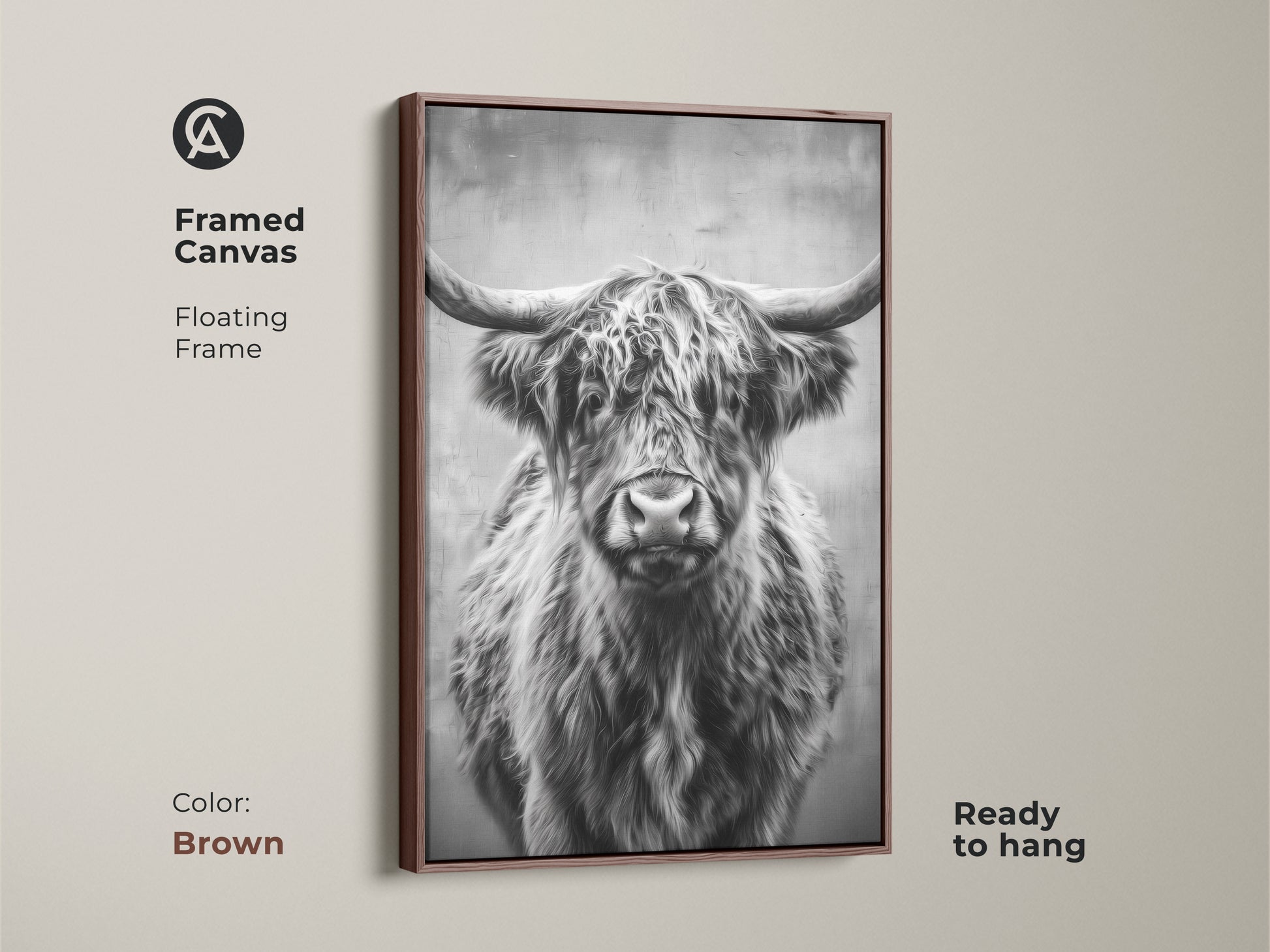 This framed canvas displays a monochrome Highland Cow. The brown floating frame complements the black and white animal artwork. Ready to hang this rustic wildlife art adds farmhouse charm. A unique animal artwork.