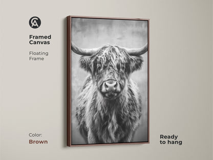 This framed canvas displays a monochrome Highland Cow. The brown floating frame complements the black and white animal artwork. Ready to hang this rustic wildlife art adds farmhouse charm. A unique animal artwork.