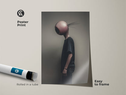 Poster print showcasing a surreal alien character with an eyeball head. This dark art print is easy to frame and arrives rolled in a tube. Ideal for alternative bedroom wall decor this piece brings bizarre art to your home. A great gift for fans of strange art.