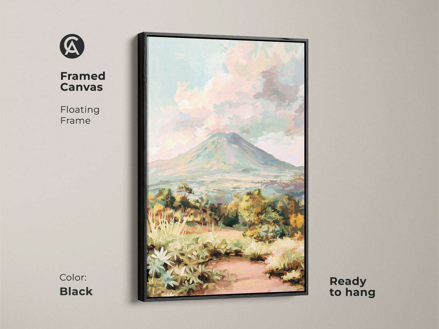 Volcano landscape canvas print in a black floating frame. The impressionist mountain art is ready to hang. The painterly teal green artwork enhances bedroom wall art. A scenic nature canvas adds outdoor view art to your home. This framed piece makes a unique housewarming gift.