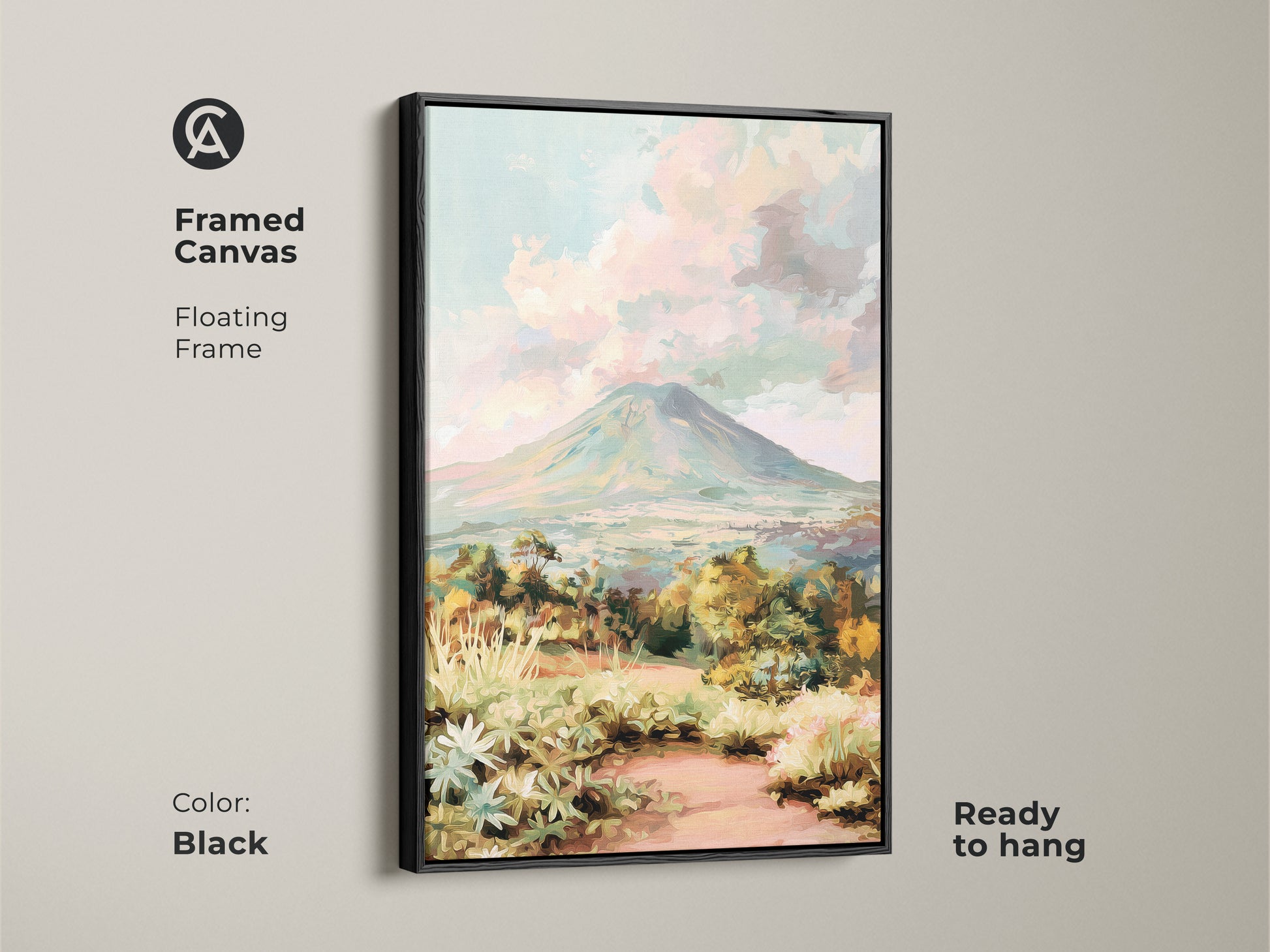 Volcano landscape canvas print in a black floating frame. The impressionist mountain art is ready to hang. The painterly teal green artwork enhances bedroom wall art. A scenic nature canvas adds outdoor view art to your home. This framed piece makes a unique housewarming gift.