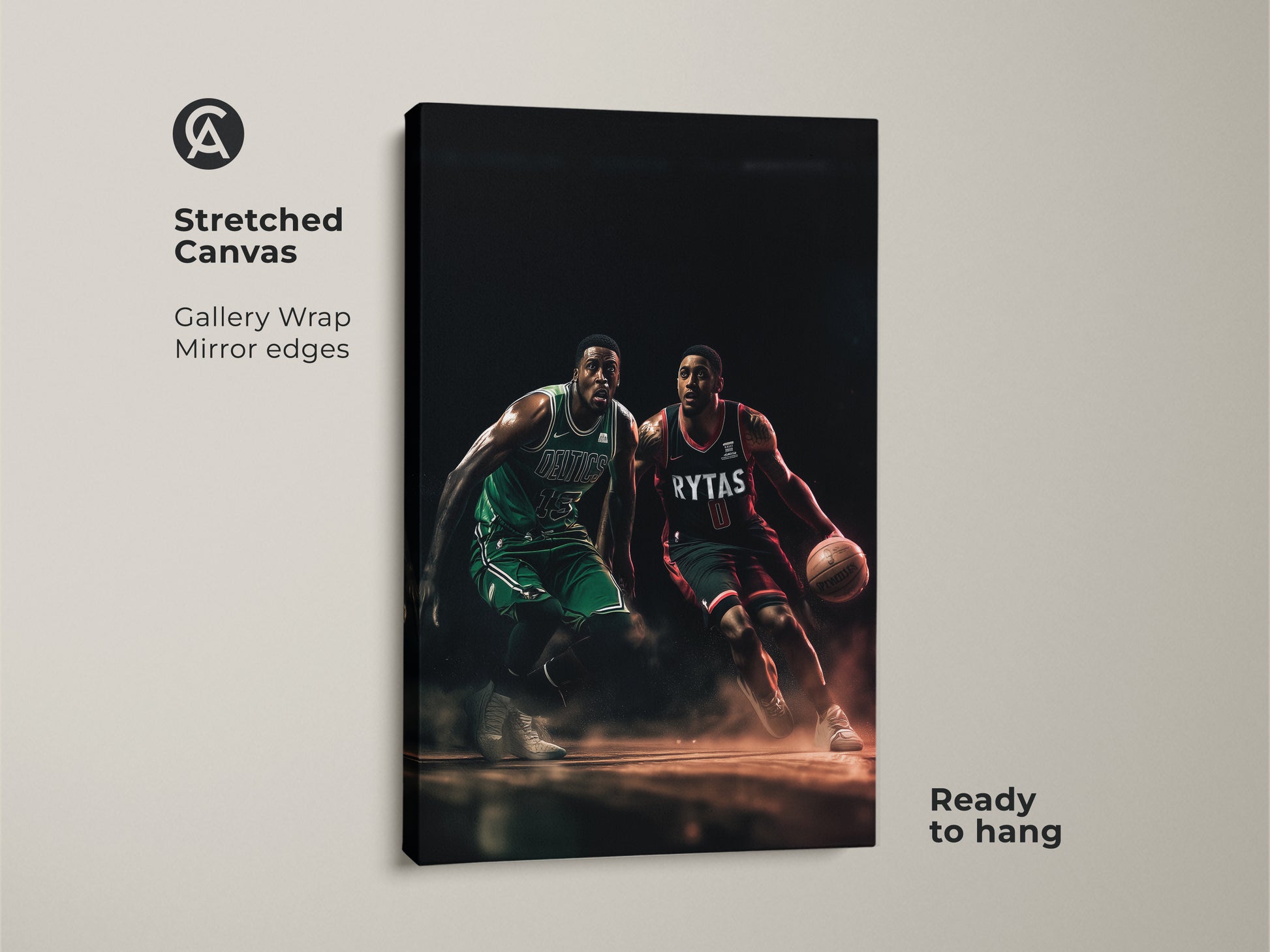 Stretched canvas art featuring two basketball players during a game. The gallery wrap with mirror edges offers a modern look. The artwork is ready to hang. Ideal for basketball fans seeking stylish decor.