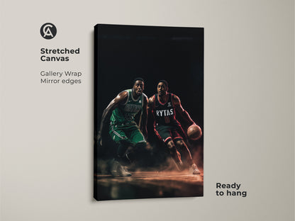 Stretched canvas art featuring two basketball players during a game. The gallery wrap with mirror edges offers a modern look. The artwork is ready to hang. Ideal for basketball fans seeking stylish decor.