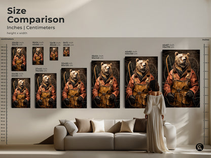 Size comparison showcases the Eclectic Bear Fisherman Art in inches and centimeters. A size guide displays the scale of abstract wall art relative to furniture. See how this terracotta and gold artwork fits your space. Perfect for study decor or as a unique gift.